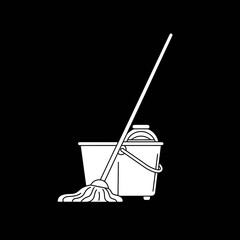 Simple white line art icon of a mop and bucket for cleaning.