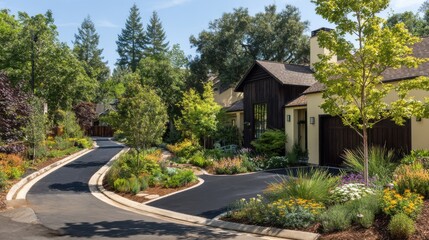 Naklejka premium Medium shot of porous asphalt pathway in suburban neighborhood demonstrating sustainable design for improved drainage and environmental benefits.
