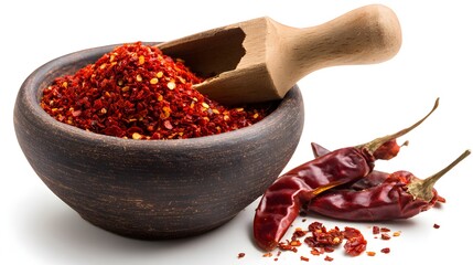 Dried red chili peppers and crushed flakes in wooden bowl over white background, hot spice culinary concept for food seasoning and flavor ingredient design