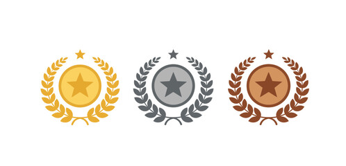 Fototapeta premium gold silver bronze awards achievement medals with star emblems and laurel wreaths for recognition perfect for celebrating success and sports achievements.
