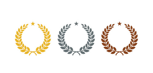 gold silver bronze awards wreaths laurel wreaths with stars for victory champion achievements in sports success recognition and excellence celebration.