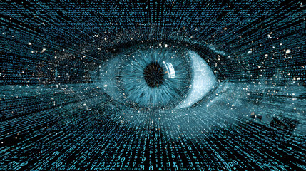 Gigantic glowing eye floating in a digital void, surrounded by streams of binary code, neural network patterns forming like constellations, surreal futuristic style.