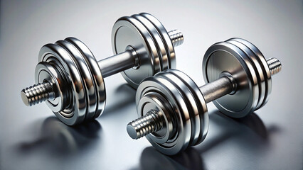 Two shiny metal dumbbells sitting on a reflective surface with a gradient background in the studio created with generated ai