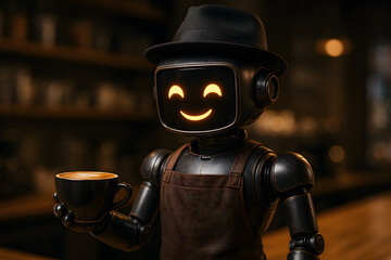 Charming 3D robot barista serving coffee in a cozy caf&eacute; atmosphere