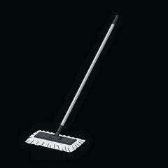 White cleaning mop with long handle on black background.