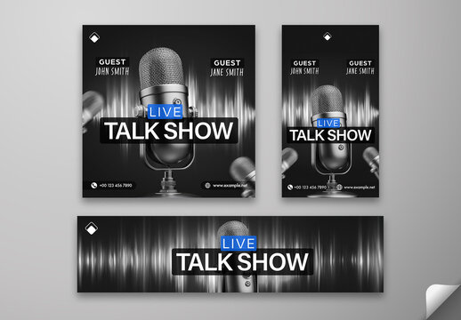 Live Podcast Talk Show Social Media Post Template, Web Banner Editable Design for Real-Time Broadcasting and Episode Promotion.
