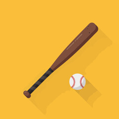 Wooden baseball bat and ball flat design icon.