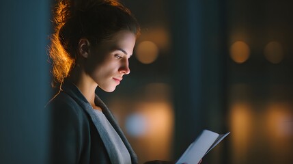 Focused professional woman reads a document, bathed in warm, internal light and a background of soft, blurred golden highlights, creating a sense of concentration and sophisticated atmosphere.
