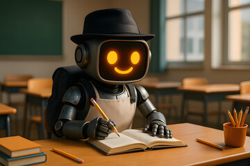 Cute 3D robot studying at school desk with book and pencil
