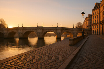 Historic stone bridge over the Seine at sunrise with cobblestone quay and lampposts
