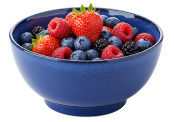 Fresh mixed berries in a blue bowl isolated on white, healthy fruit salad with strawberries raspberries blueberries and blackberries
