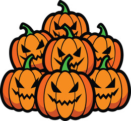 A stack of carved halloween jack o lantern pumpkins with scary faces illuminated from within for spooky decorations