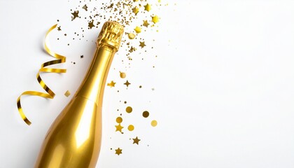 Golden champagne bottle with festive ribbon, confetti, and glitter on white surface.