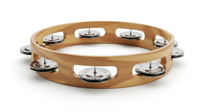 Wooden tambourine musical instrument on white background artistic studio shot