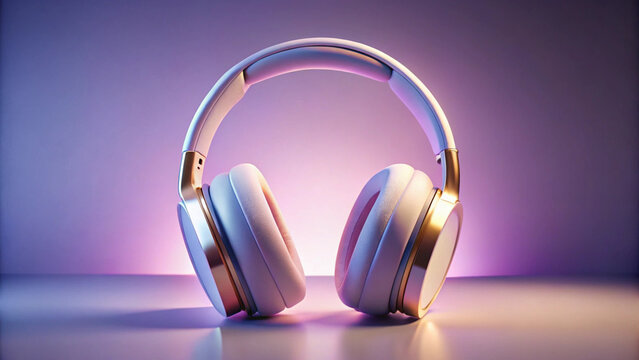 Close up shot of white and gold headphones on a reflective surface with a purple and pink background created with generated ai
