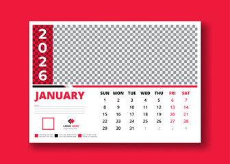 Clean and modern 2026 desk calendar template. January page monthly planner design, corporate red and white layout, editable photo frame.