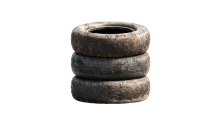Stack of three used tires against a black background, showing wear and tear