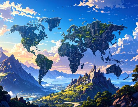 World map with circuit board design, nestled in a landscape of mountains and a medieval castle, under a vibrant sky