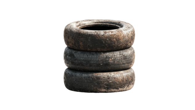 Stack of three used tires against a black background, showing wear and tear