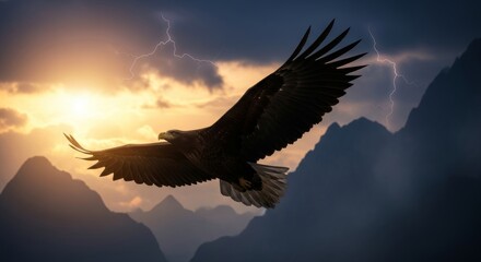 Majestic Eagle Soaring Through a Dramatic Landscape with Thunderstorms and Mountains