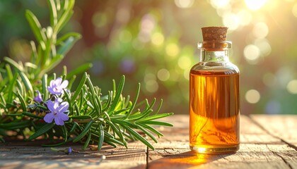 Small glass bottle of golden rosemary oil with cork stopper on wooden surface in sunlit natural setting.