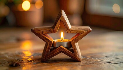 Star Shaped Candle Holder on Rustic Wooden Surface with Warm Bokeh Background