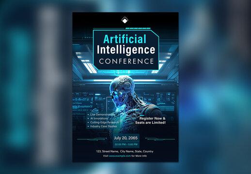 Artificial Intelligence Conference Digital Flyer with 3D Futuristic Robot, Editable Design.