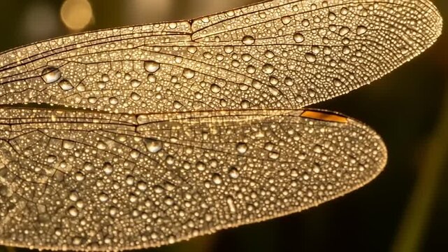 Close-up of dragonfly wings covered in morning dew, showcasing intricate details and textures