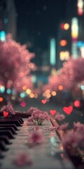 Piano keys adorned with pink blossoms, overlooking a blurred city street at dusk with heart-shaped bokeh