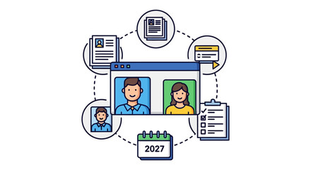 online meeting in 2027 team collaboration on a web conference discussing future projects and goals illustrating virtual communication and corporate planning