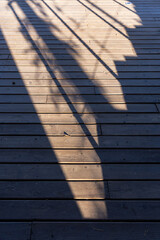 Capturing Shadows: An Artistic Display of Natural Light and Wooden Texture on a Deck Surface During a Sunny Day in a Serene Outdoor Setting