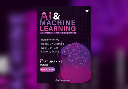 AI and Machine Learning Digital Flyer with Neural Brain Structure and Futuristic Tech Theme, Editable Design.