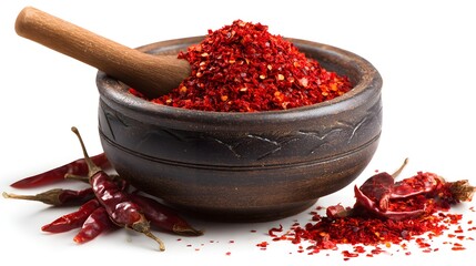 Dried red chili peppers and crushed flakes in wooden bowl over white background, hot spice culinary concept for food seasoning and flavor ingredient design