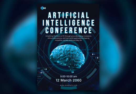 Artificial Intelligence Conference A4 Flyer &ndash; Futuristic Neural Brain Tech Design for Innovation & AI Events
