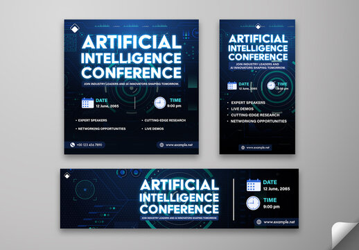 Editable AI Conference Social Media Pack &ndash; Futuristic Event Promo Templates for Tech Seminars and Innovation Meetups