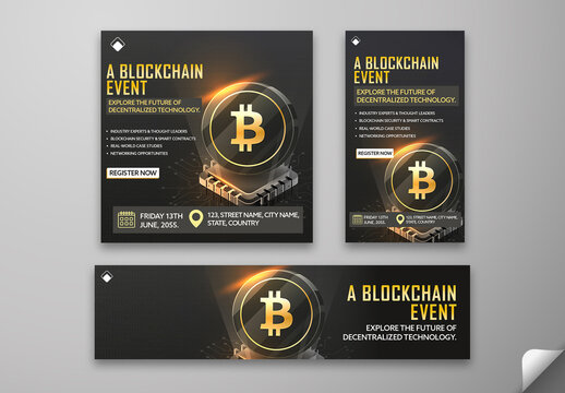 Editable Blockchain Event Social Media Pack &ndash; Gold & Black Tech Templates for Crypto Seminars and Web3 Conferences