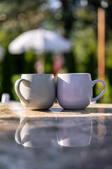 A Pair of Elegant Mugs Exuding Charm: A Stylish Combination of Gray and Purple with Rich Textures Reflecting in the Sunlight, Perfect for Morning Coffee or Tea Time in the Garden