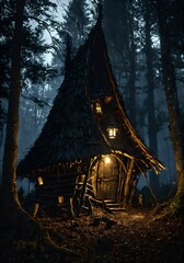 Dark Folklore Scene Baba Yaga Crooked Hut Woods Glowing Lanterns