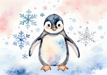 Gentle Watercolor Baby Penguin Pastel Snowflakes Nursery Winter