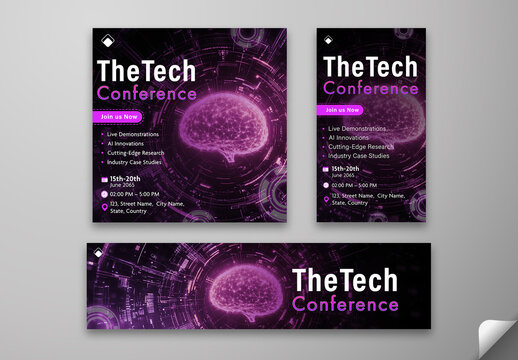 Editable Tech Conference Template &ndash; Futuristic AI Brain Theme with Purple Digital Circuit Design