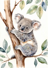 Gentle Watercolor Baby Koala Hugging Tree Branch Pastel Leaves