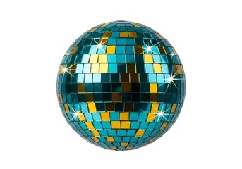 Obraz premium Vibrant Teal and Golden Disco Ball Isolated on White, Gleaming with Reflections for Festive Occasions and Celebrations