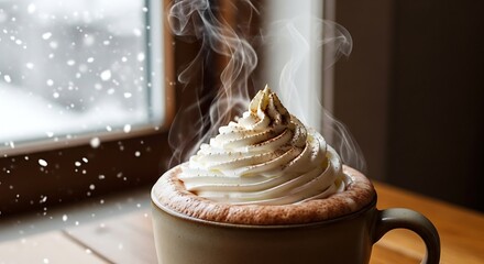 Steaming Hot Chocolate with Whipped Cream by the Window.