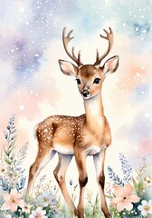 Pastel Watercolor Baby Deer Gentle Flowers Soft Glowing Background