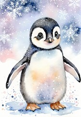 Gentle Watercolor Baby Penguin Pastel Snowflakes Nursery Winter