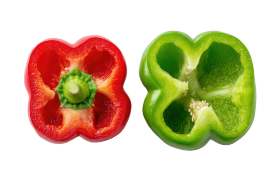 A close-up of halved bell peppers showing bright red and green sections isolated on black