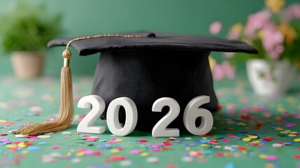 Black graduation cap with 2026 numbers and colorful confetti on green background, education success concept celebrating academic achievement and student goal