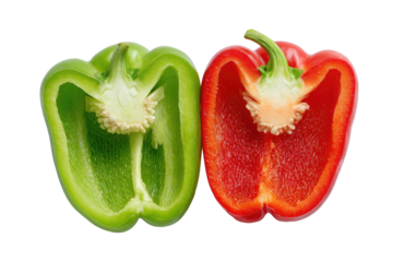 A side-by-side composition featuring a sliced green and red bell pepper, revealing their interiors