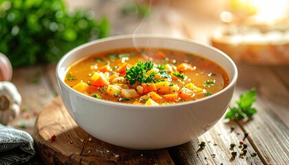 Steaming Bowl of Vegetable Soup Garnished with Fresh Parsley on Wooden Table Top in Natural Sunlight