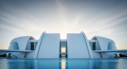 Futuristic architecture with modern design reflected in tranquil water under a bright sky